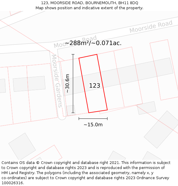 123, MOORSIDE ROAD, BOURNEMOUTH, BH11 8DQ: Plot and title map