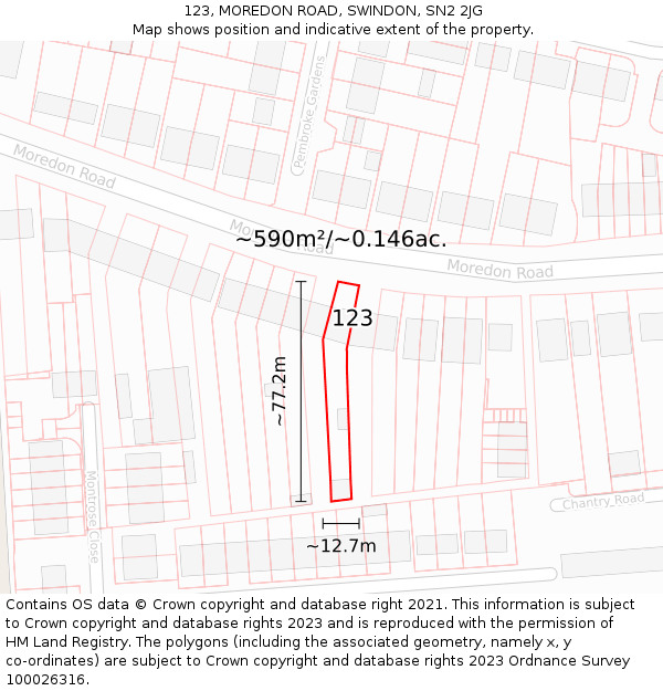 123, MOREDON ROAD, SWINDON, SN2 2JG: Plot and title map