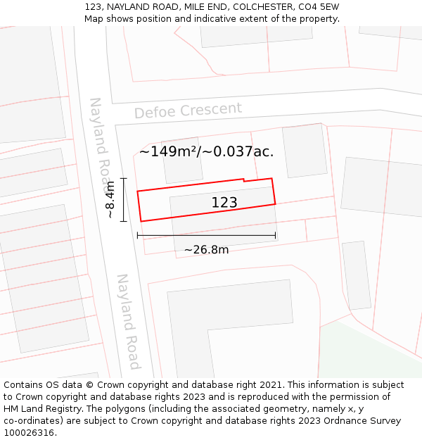 123, NAYLAND ROAD, MILE END, COLCHESTER, CO4 5EW: Plot and title map