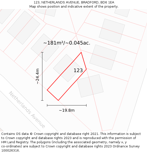 123, NETHERLANDS AVENUE, BRADFORD, BD6 1EA: Plot and title map