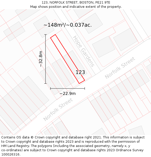 123, NORFOLK STREET, BOSTON, PE21 9TE: Plot and title map