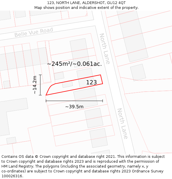 123, NORTH LANE, ALDERSHOT, GU12 4QT: Plot and title map