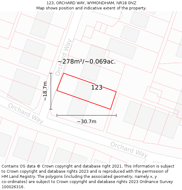 123, ORCHARD WAY, WYMONDHAM, NR18 0NZ: Plot and title map