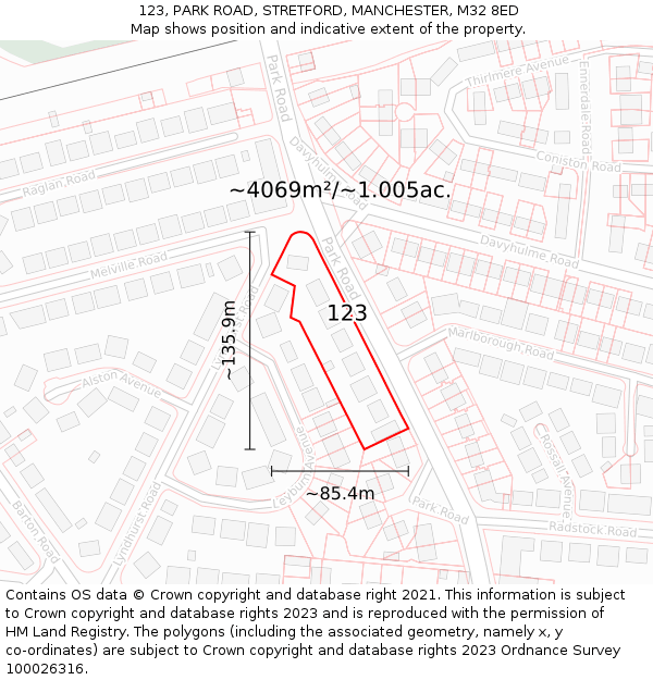 123, PARK ROAD, STRETFORD, MANCHESTER, M32 8ED: Plot and title map