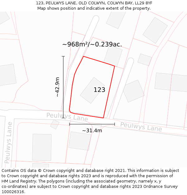 123, PEULWYS LANE, OLD COLWYN, COLWYN BAY, LL29 8YF: Plot and title map