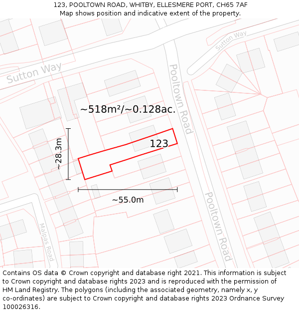 123, POOLTOWN ROAD, WHITBY, ELLESMERE PORT, CH65 7AF: Plot and title map