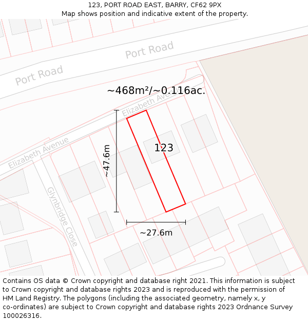 123, PORT ROAD EAST, BARRY, CF62 9PX: Plot and title map