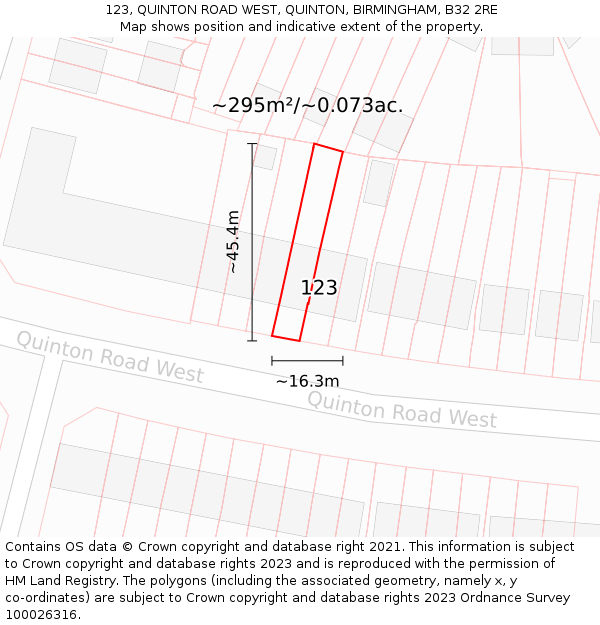 123, QUINTON ROAD WEST, QUINTON, BIRMINGHAM, B32 2RE: Plot and title map