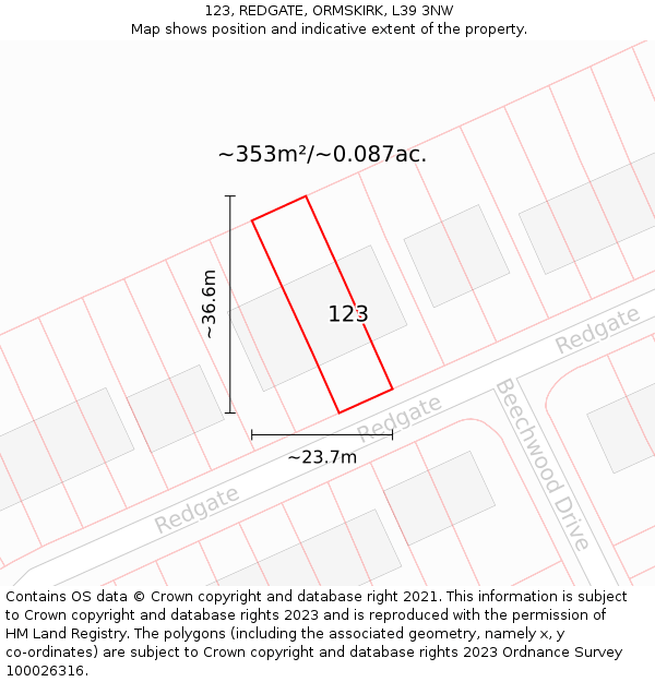 123, REDGATE, ORMSKIRK, L39 3NW: Plot and title map