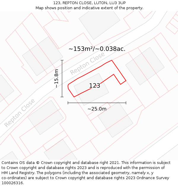 123, REPTON CLOSE, LUTON, LU3 3UP: Plot and title map