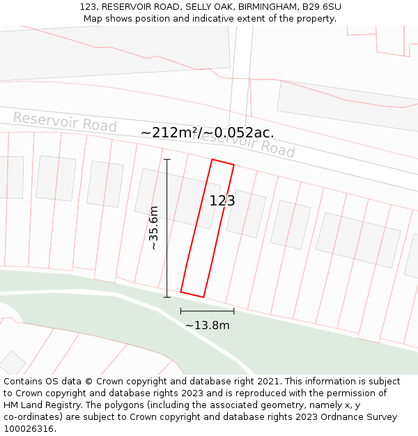 123, RESERVOIR ROAD, SELLY OAK, BIRMINGHAM, B29 6SU: Plot and title map