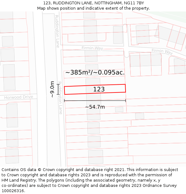 123, RUDDINGTON LANE, NOTTINGHAM, NG11 7BY: Plot and title map