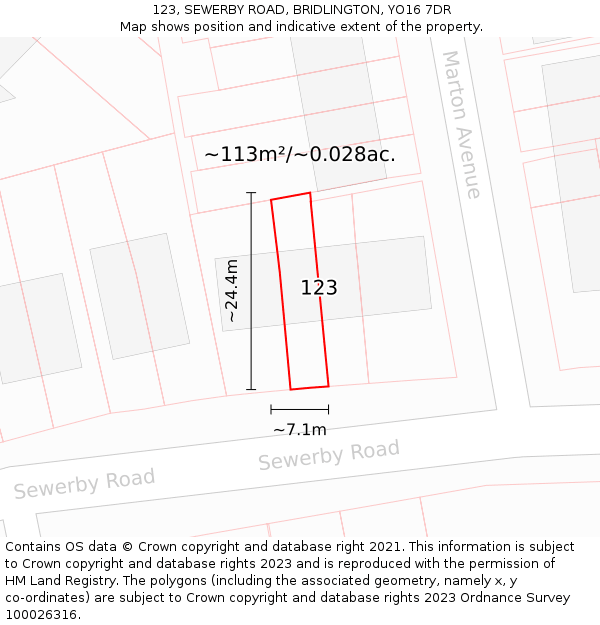 123, SEWERBY ROAD, BRIDLINGTON, YO16 7DR: Plot and title map