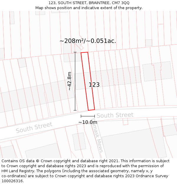 123, SOUTH STREET, BRAINTREE, CM7 3QQ: Plot and title map