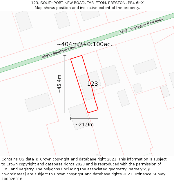 123, SOUTHPORT NEW ROAD, TARLETON, PRESTON, PR4 6HX: Plot and title map