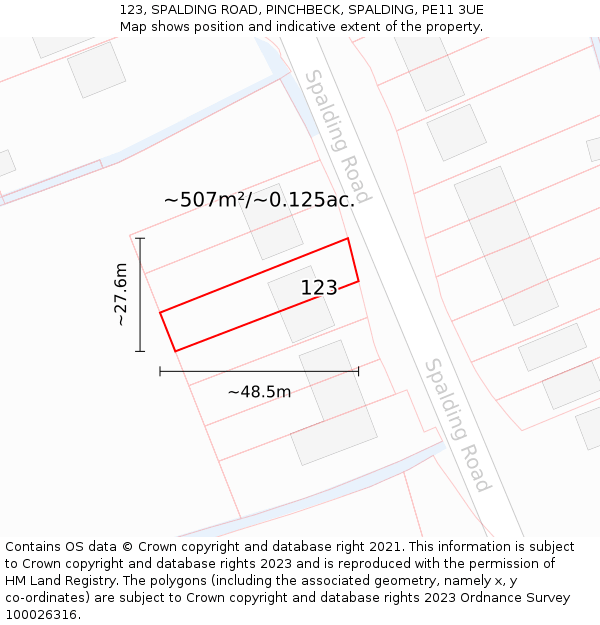 123, SPALDING ROAD, PINCHBECK, SPALDING, PE11 3UE: Plot and title map