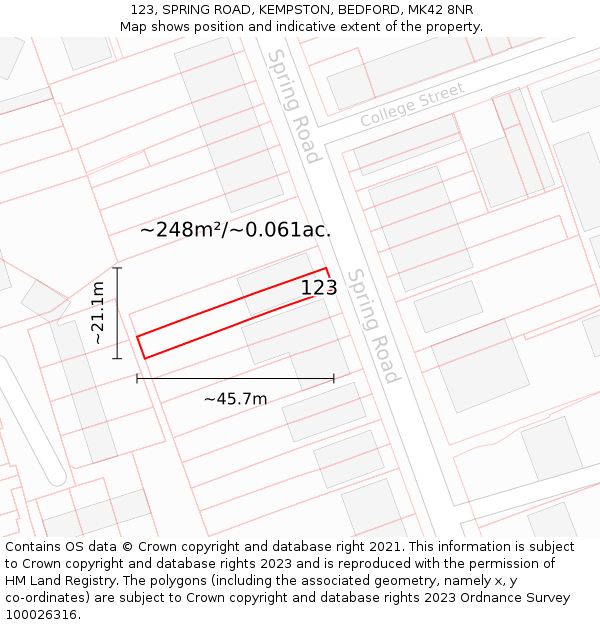 123, SPRING ROAD, KEMPSTON, BEDFORD, MK42 8NR: Plot and title map