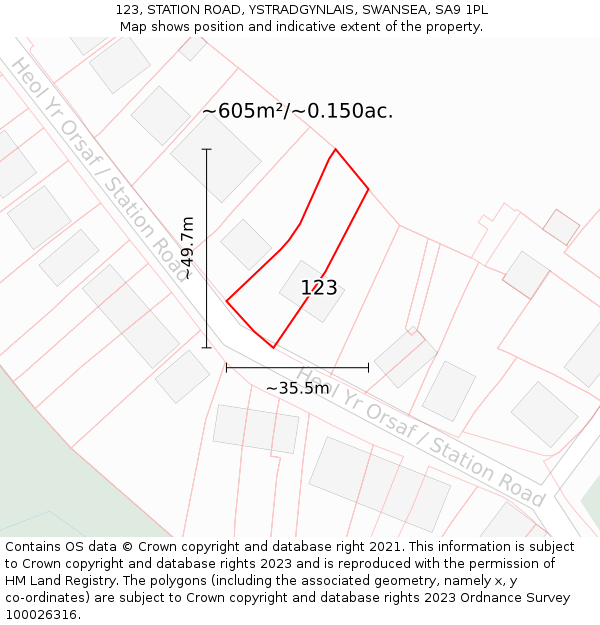 123, STATION ROAD, YSTRADGYNLAIS, SWANSEA, SA9 1PL: Plot and title map