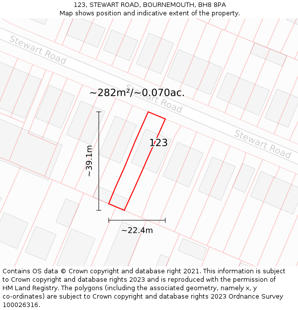 123, STEWART ROAD, BOURNEMOUTH, BH8 8PA: Plot and title map