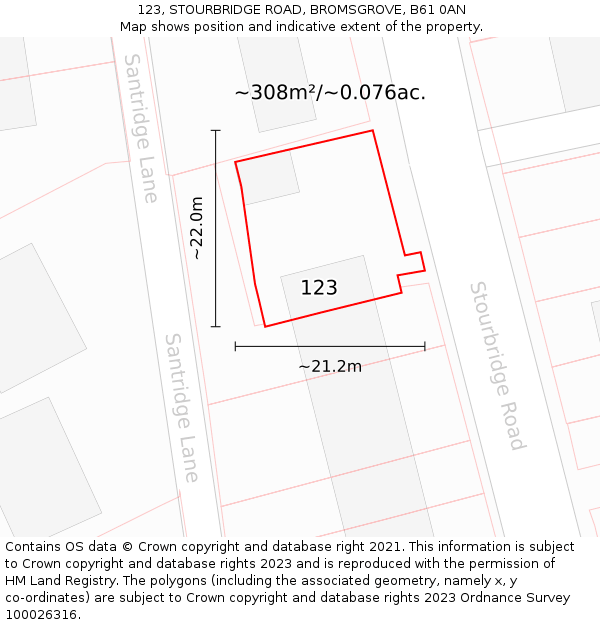 123, STOURBRIDGE ROAD, BROMSGROVE, B61 0AN: Plot and title map