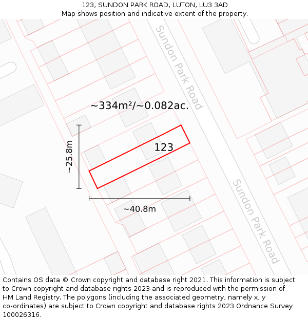 123, SUNDON PARK ROAD, LUTON, LU3 3AD: Plot and title map