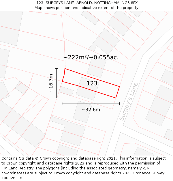 123, SURGEYS LANE, ARNOLD, NOTTINGHAM, NG5 8FX: Plot and title map