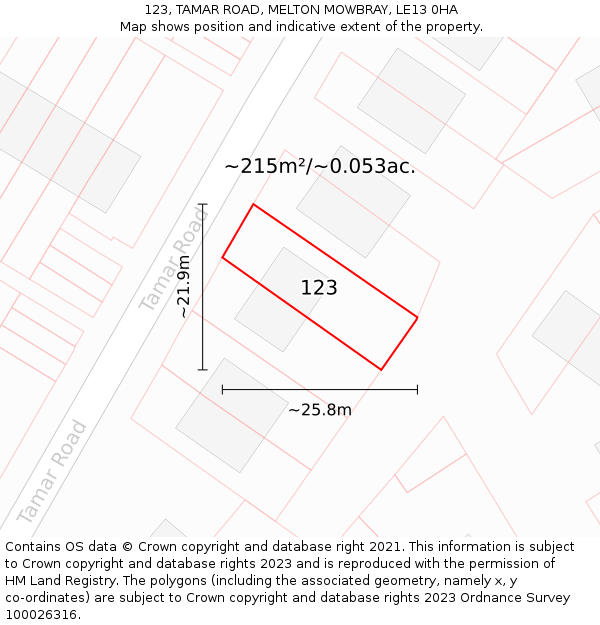 123, TAMAR ROAD, MELTON MOWBRAY, LE13 0HA: Plot and title map