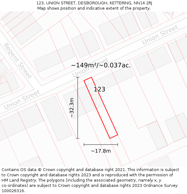 123, UNION STREET, DESBOROUGH, KETTERING, NN14 2RJ: Plot and title map