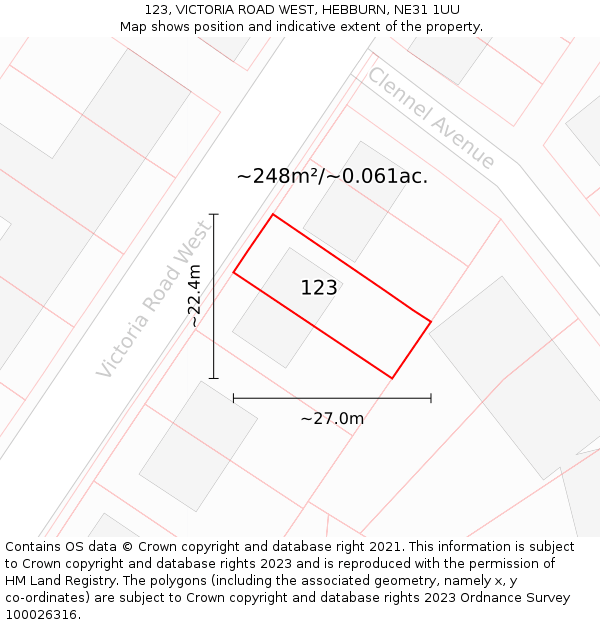 123, VICTORIA ROAD WEST, HEBBURN, NE31 1UU: Plot and title map