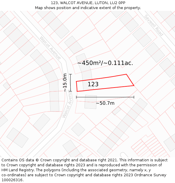 123, WALCOT AVENUE, LUTON, LU2 0PP: Plot and title map