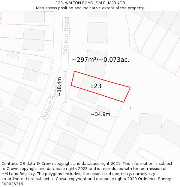 123, WALTON ROAD, SALE, M33 4DR: Plot and title map