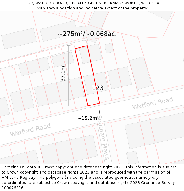 123, WATFORD ROAD, CROXLEY GREEN, RICKMANSWORTH, WD3 3DX: Plot and title map