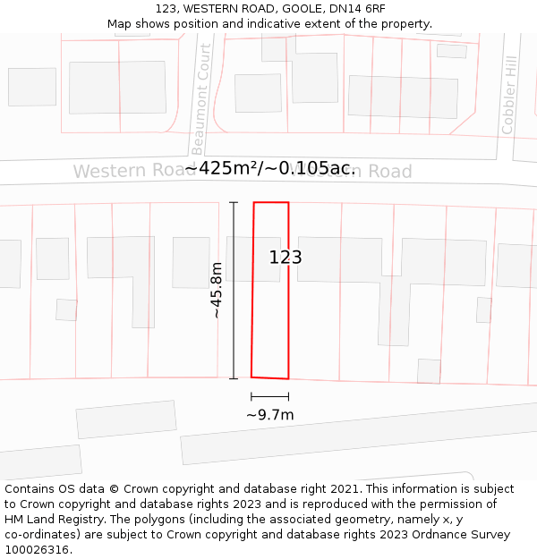 123, WESTERN ROAD, GOOLE, DN14 6RF: Plot and title map