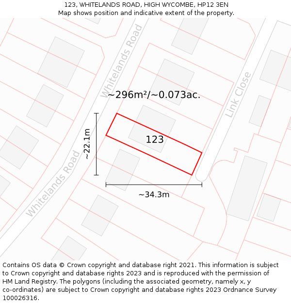 123, WHITELANDS ROAD, HIGH WYCOMBE, HP12 3EN: Plot and title map