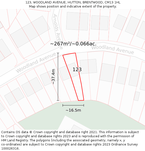 123, WOODLAND AVENUE, HUTTON, BRENTWOOD, CM13 1HL: Plot and title map