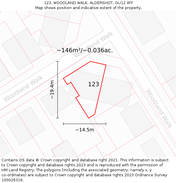 123, WOODLAND WALK, ALDERSHOT, GU12 4FF: Plot and title map