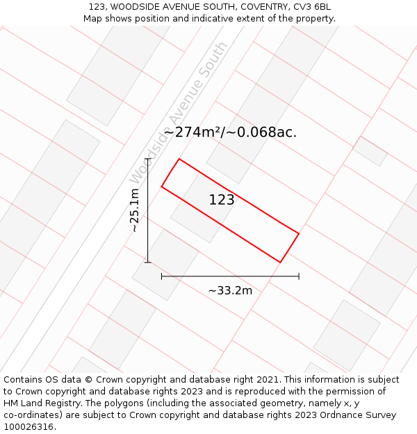 123, WOODSIDE AVENUE SOUTH, COVENTRY, CV3 6BL: Plot and title map