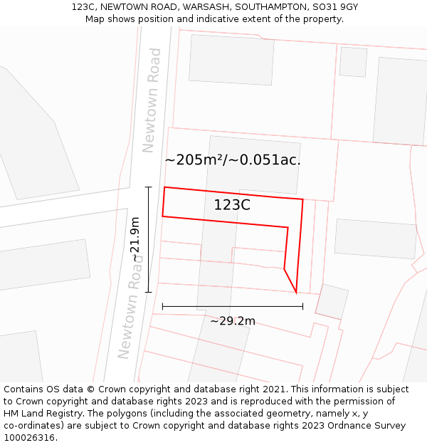 123C, NEWTOWN ROAD, WARSASH, SOUTHAMPTON, SO31 9GY: Plot and title map