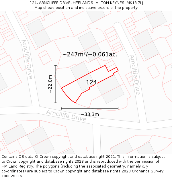 124, ARNCLIFFE DRIVE, HEELANDS, MILTON KEYNES, MK13 7LJ: Plot and title map