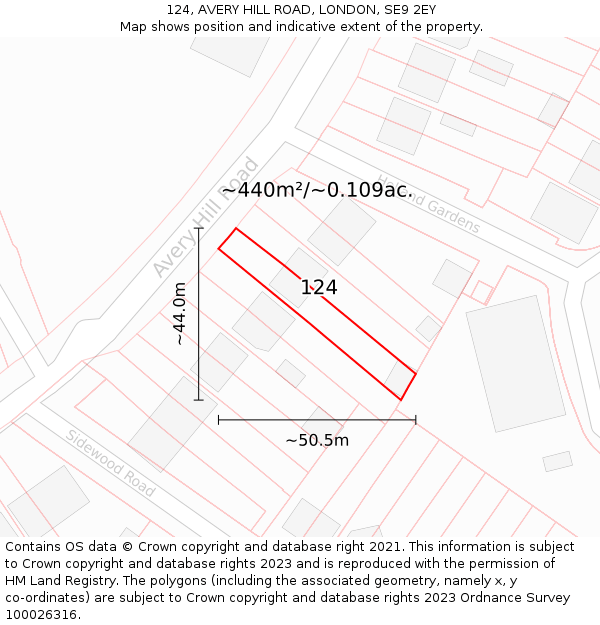 124, AVERY HILL ROAD, LONDON, SE9 2EY: Plot and title map