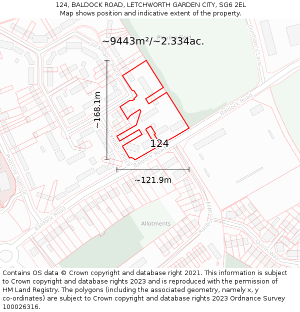 124, BALDOCK ROAD, LETCHWORTH GARDEN CITY, SG6 2EL: Plot and title map