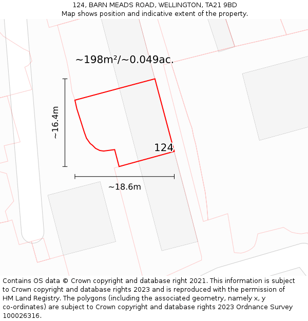 124, BARN MEADS ROAD, WELLINGTON, TA21 9BD: Plot and title map
