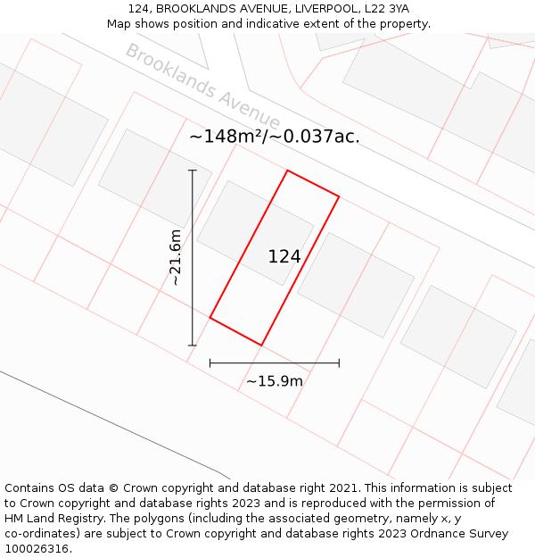 124, BROOKLANDS AVENUE, LIVERPOOL, L22 3YA: Plot and title map