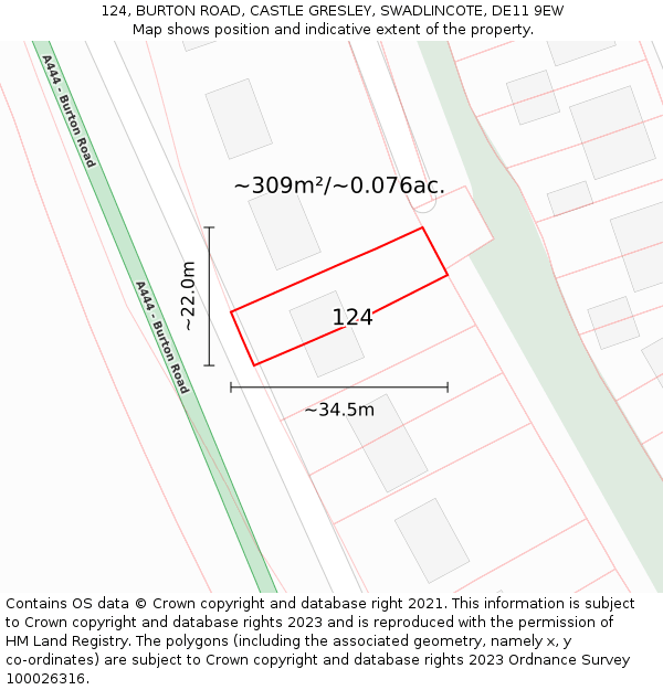 124, BURTON ROAD, CASTLE GRESLEY, SWADLINCOTE, DE11 9EW: Plot and title map