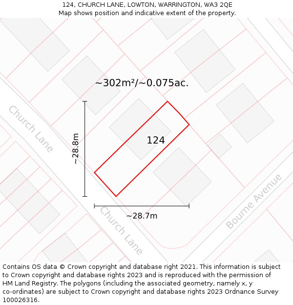 124, CHURCH LANE, LOWTON, WARRINGTON, WA3 2QE: Plot and title map