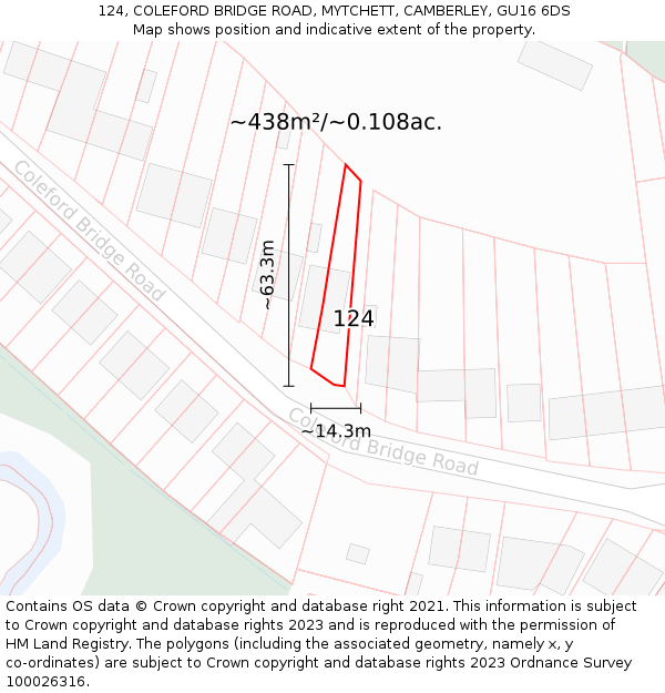 124, COLEFORD BRIDGE ROAD, MYTCHETT, CAMBERLEY, GU16 6DS: Plot and title map