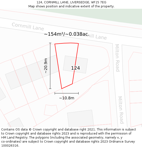 124, CORNMILL LANE, LIVERSEDGE, WF15 7EG: Plot and title map