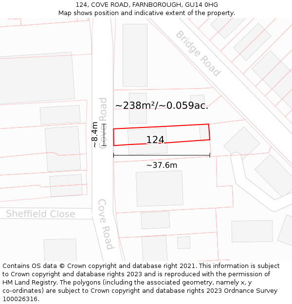 124, COVE ROAD, FARNBOROUGH, GU14 0HG: Plot and title map