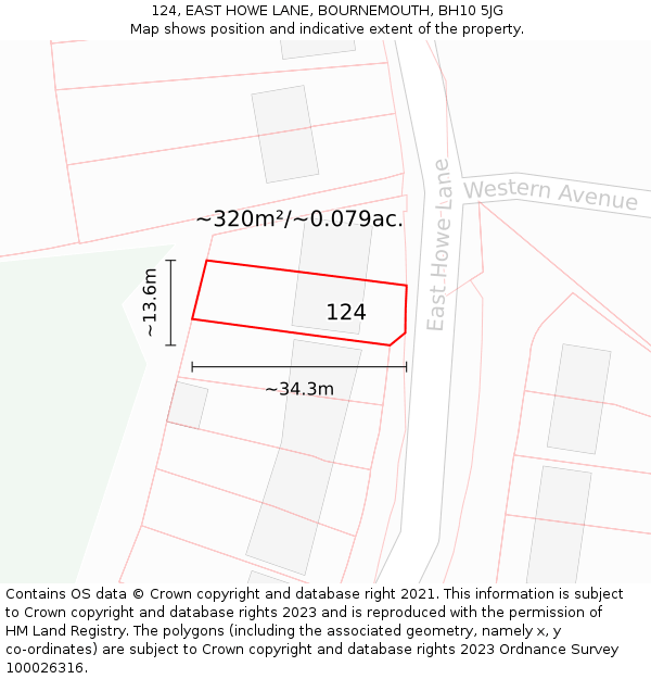 124, EAST HOWE LANE, BOURNEMOUTH, BH10 5JG: Plot and title map