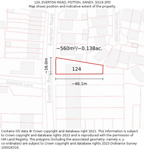 124, EVERTON ROAD, POTTON, SANDY, SG19 2PD: Plot and title map